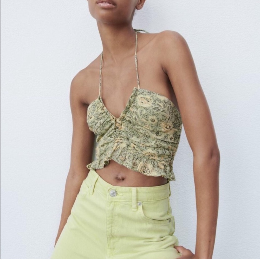 Zara Metallic Thread Halter Crop Top in Sage Green